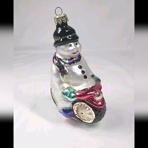 Christopher Radko Glass Blown Snowman Ornament On Motorcycle